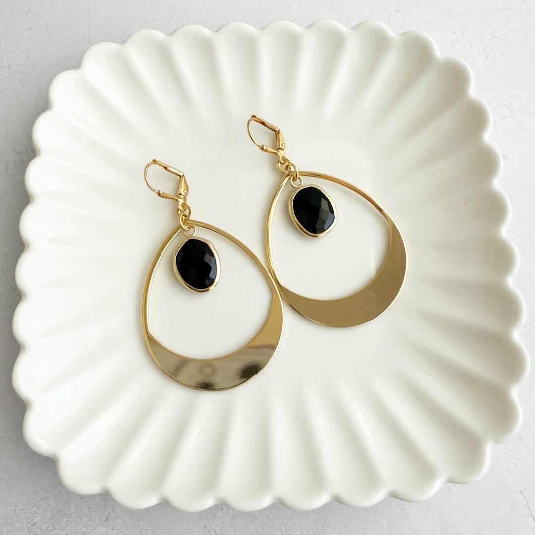 Black Onyx Teardrop Statement Earrings in Gold