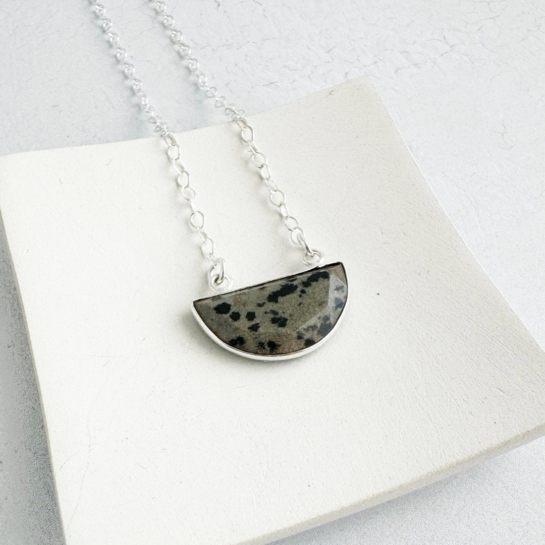 Small Dalmation Jasper Half Moon Crescent Necklace in Gold and Silver