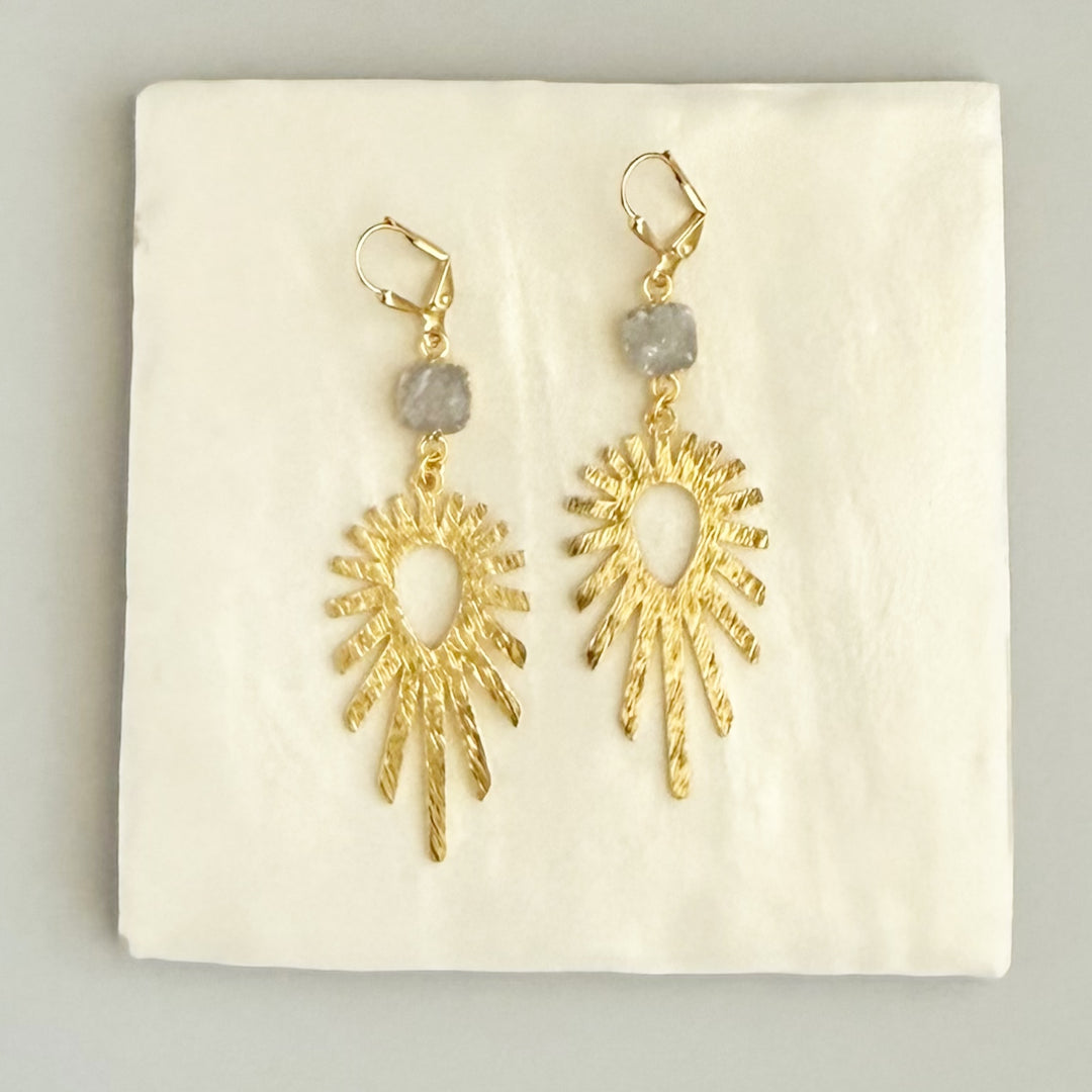 Gray Druzy Sunburst Statement Earrings in Brushed Gold