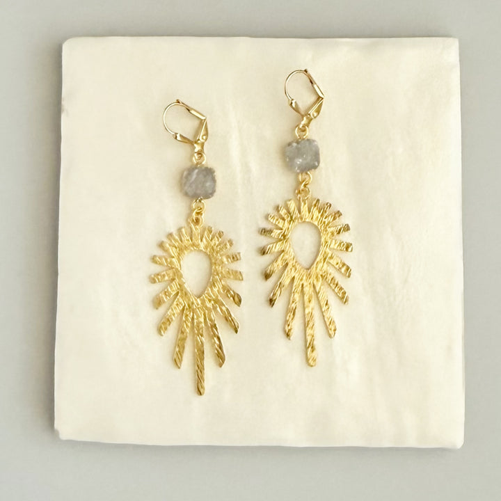 Gray Druzy Sunburst Statement Earrings in Brushed Gold