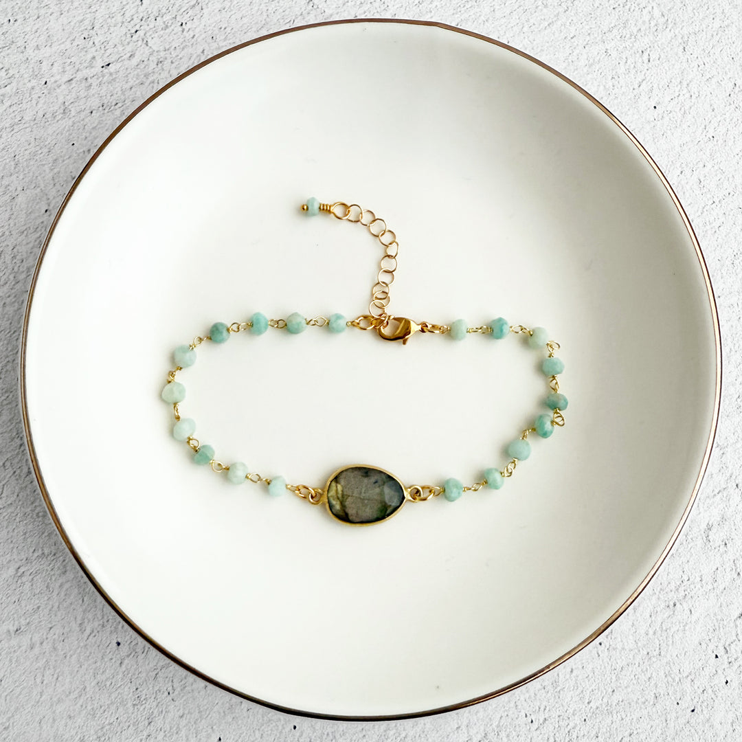 Labradorite and Amazonite Beaded Chain Bracelet in Gold