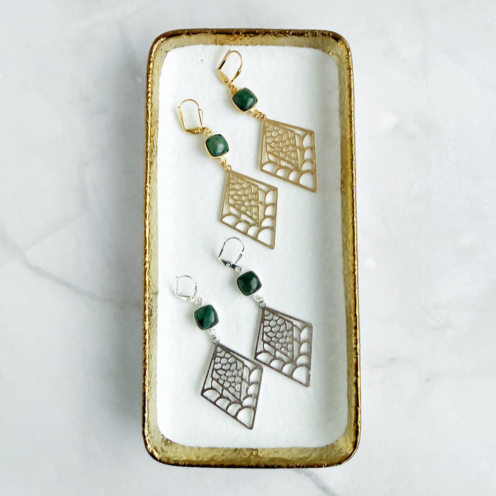 Emerald and Webbed Diamond Dangle Earrings