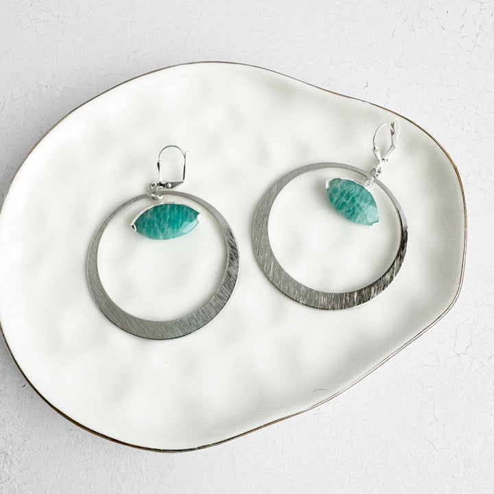 Amazonite Evil Eye Hoop Earrings in Brushed Silver