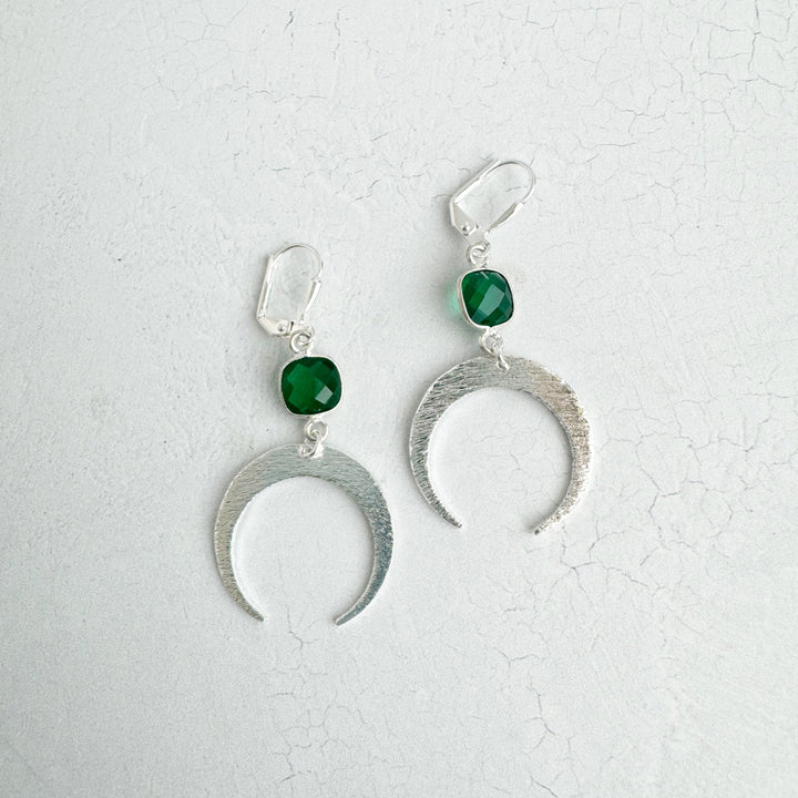 Green Stone and Brushed Silver Crescent Dangle Earrings