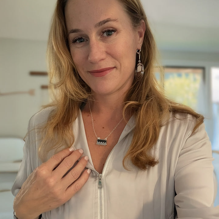 Black and White Checkered Pattern Bar Necklace