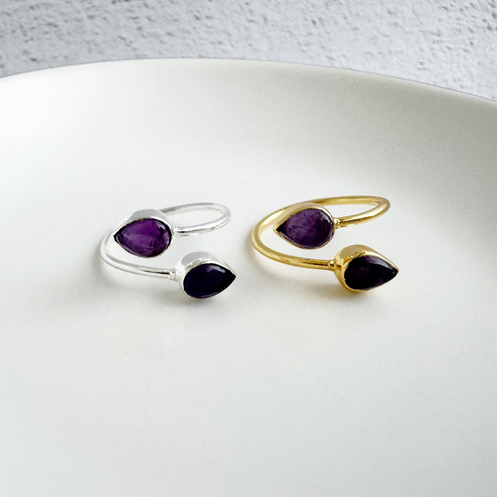 Double Teardrop Stone Wrap Ring in Amethyst