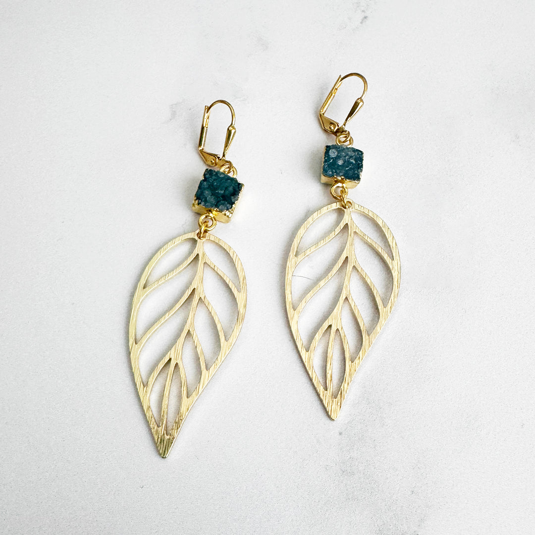 Ocean Blue Druzy Leaf Statement Earrings in Brushed Gold