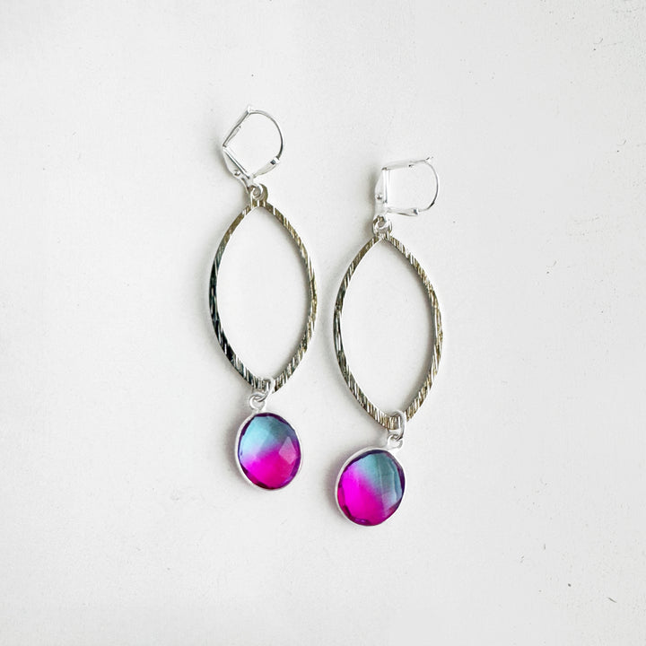 Pink Purple Aura Quartz Marquise Dangle Earrings in Brushed Silver