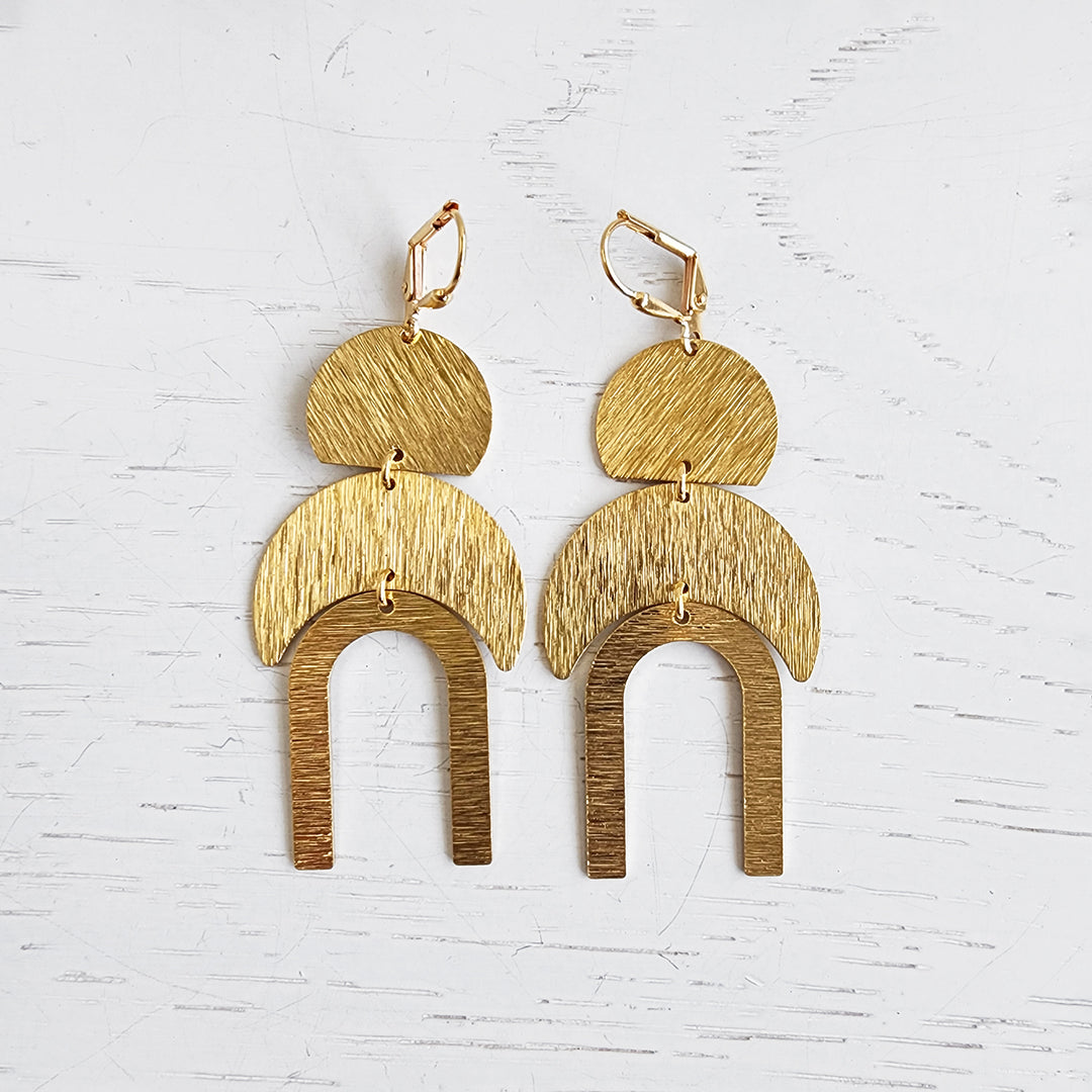 Arch and Crescent Geometric Earrings in Brushed Brass Gold