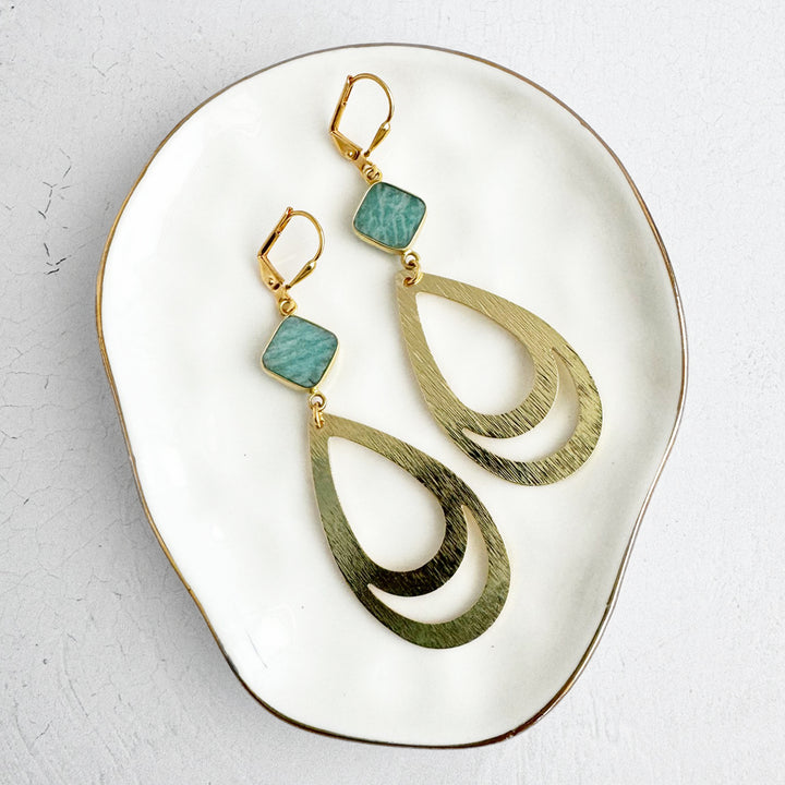 Amazonite Double Teardrop Earrings in Brushed Gold