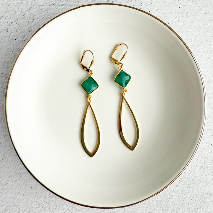 Raw Emerald and Open Marquise Earrings in Brushed Gold