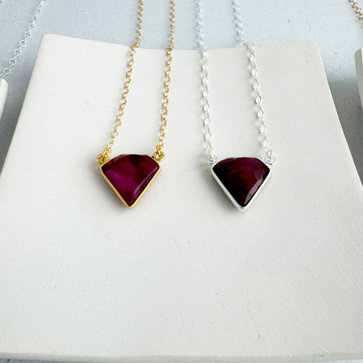 Ruby Triangle Bezel Necklace in Gold and Silver