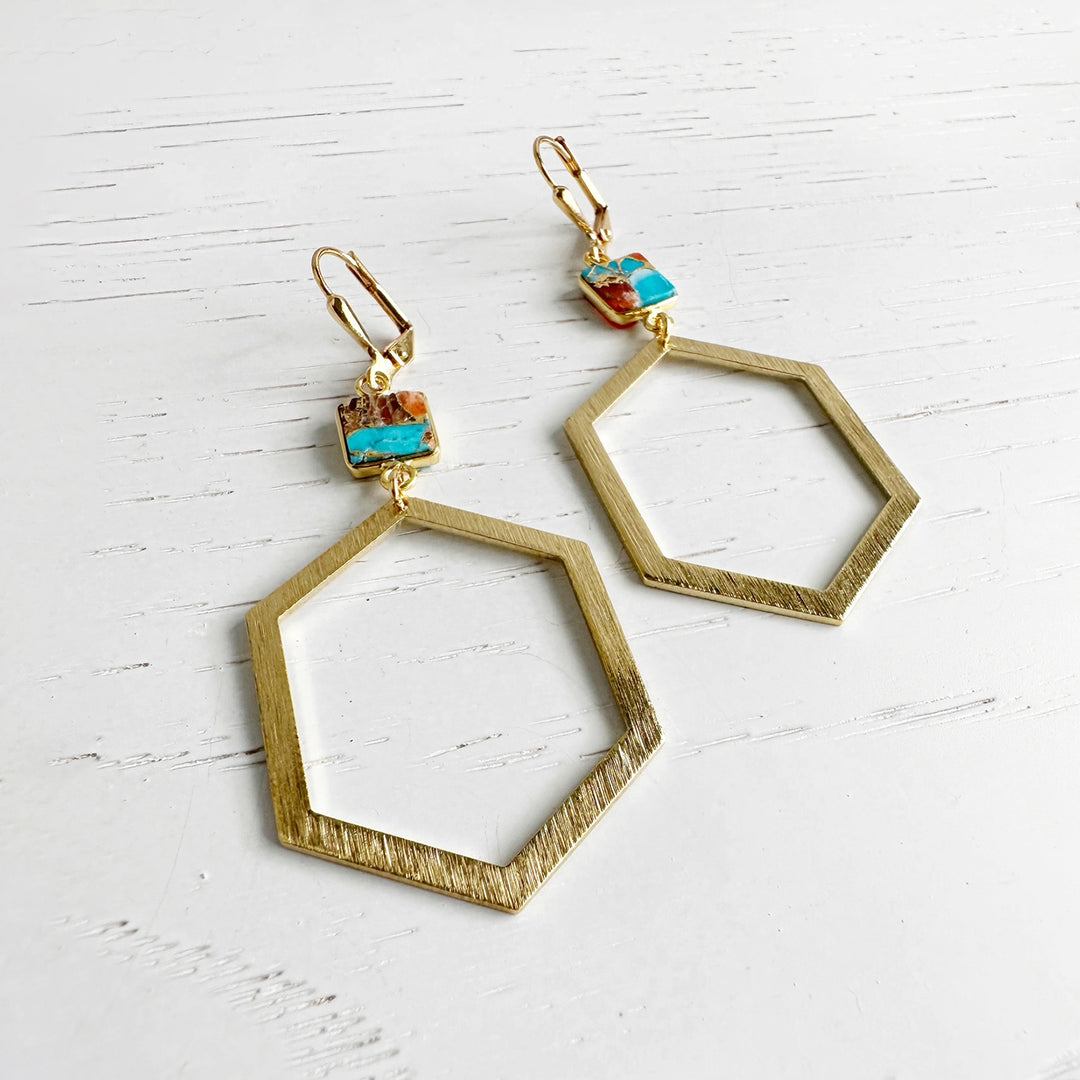 Turquoise Stone Hexagon Statement Earrings in Brushed Gold