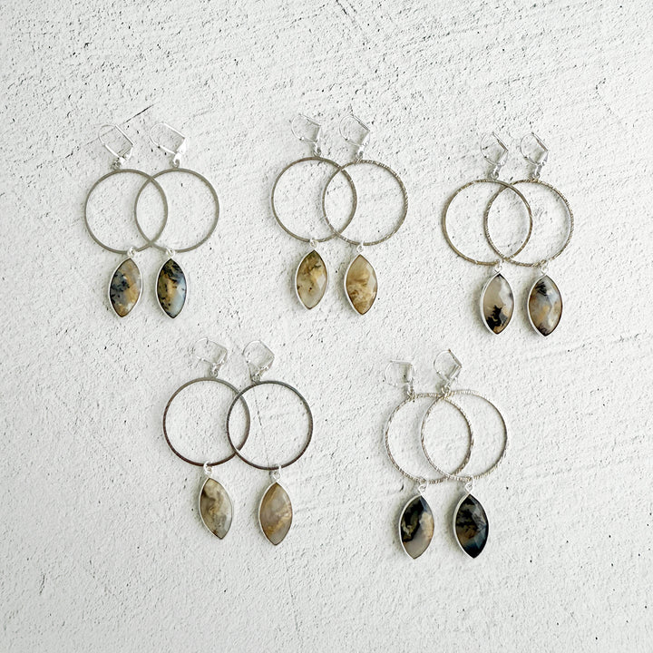 Australian Opal Marquise Hoop Dangle Earrings in Brushed Silver