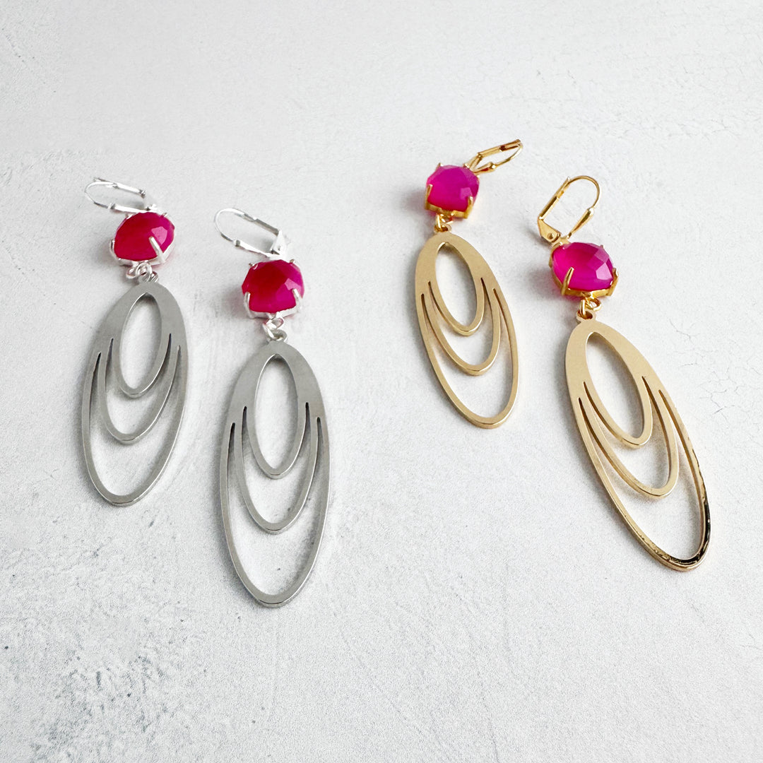 Pink Chalcedony and Layered Oval Earrings in Brushed Gold and Silver