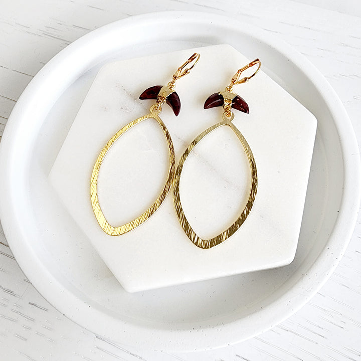 Garnet Crescent and Marquise Earrings in Brushed Gold