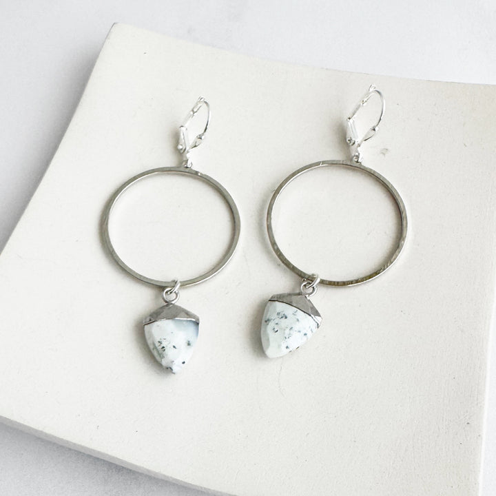 Dendrite Opal Hoop Dangle Earrings in Brushed Silver