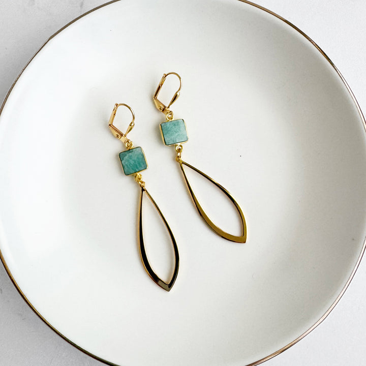 Amazonite and Marquise Dangle Earrings in Gold