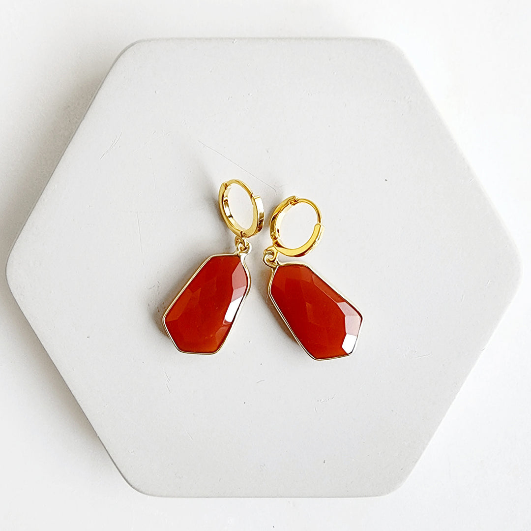 Kite Shaped Red Carnelian Huggie Earrings in Gold