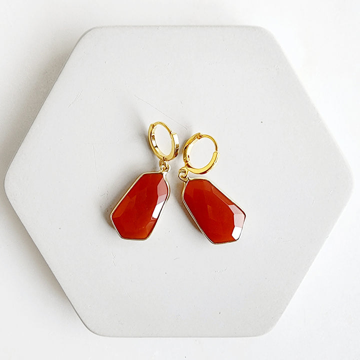 Kite Shaped Red Carnelian Huggie Earrings in Gold