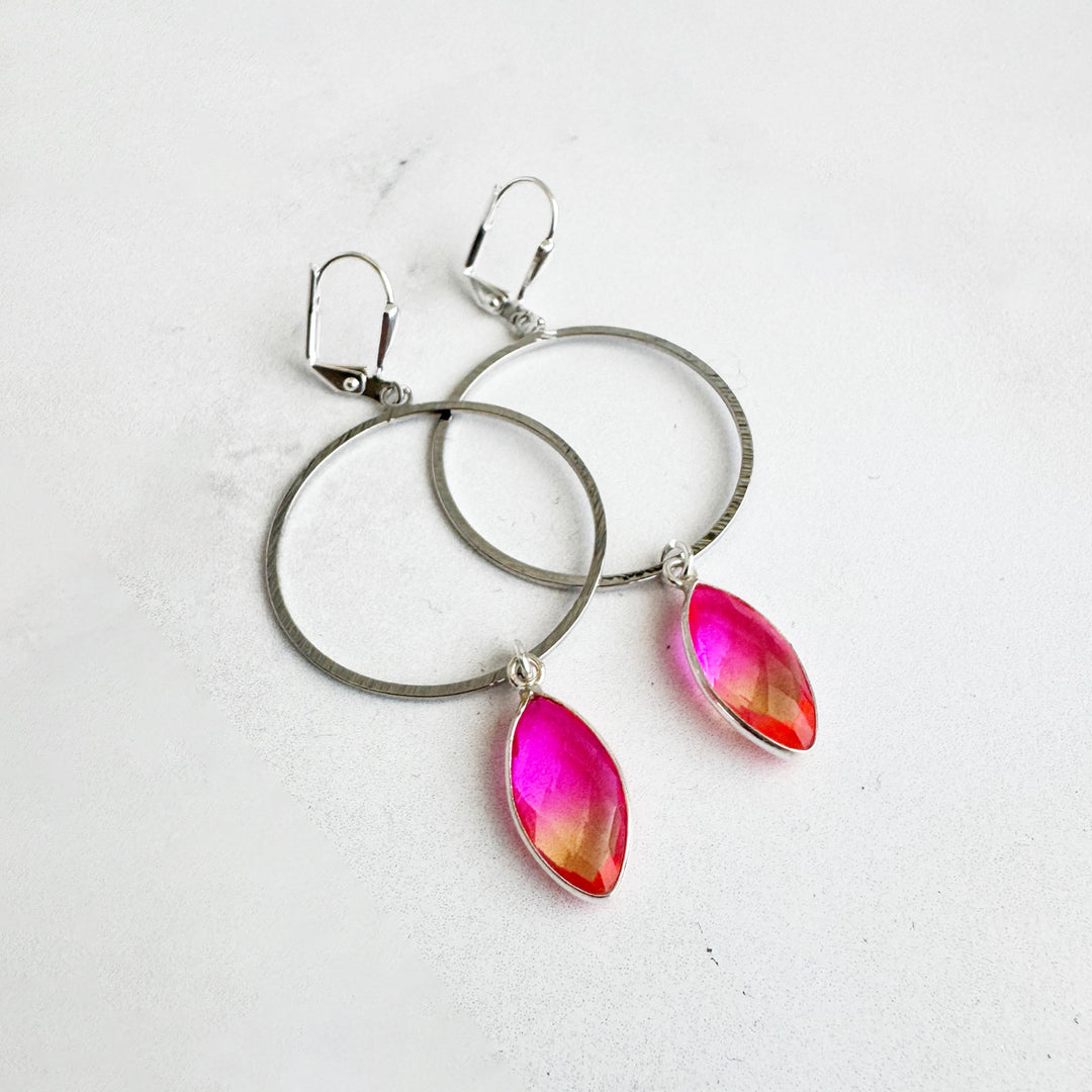 Pink Orange Aura Quartz Hoop Dangle Earrings in Silver
