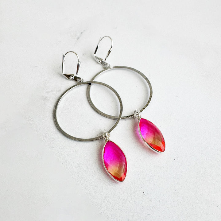 Pink Orange Aura Quartz Hoop Dangle Earrings in Silver