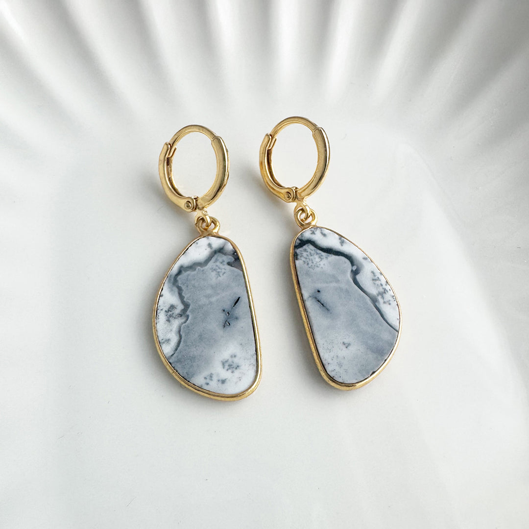 Statement Gemstone Slice Drop Earrings in Gold - Dendrite Opal