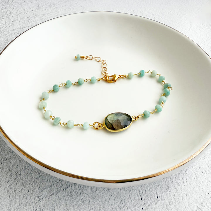 Labradorite and Amazonite Beaded Chain Bracelet in Gold