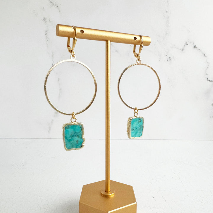 Freeform Turquoise Hoop Dangle Earrings in Brushed Gold