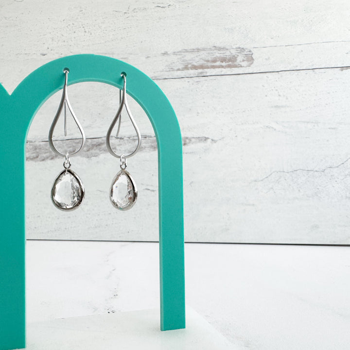 Clear Stone Drop Earrings on Teardrop Earwires in Silver