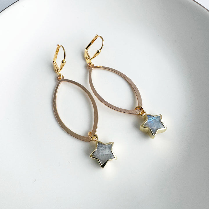 Moonstone Star Marquise Dangle Earrings in Brushed Gold