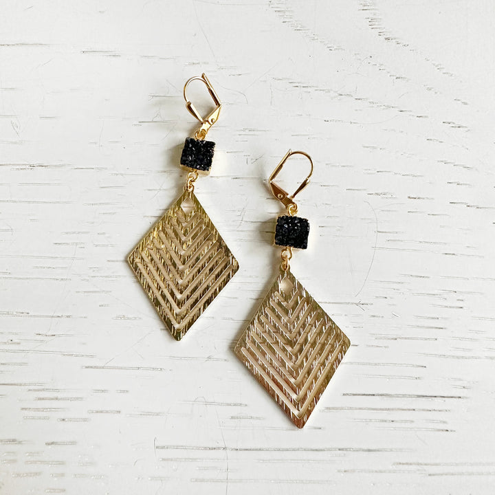 Gold Multiple Chevron Statement Earrings with Black Druzy Stones