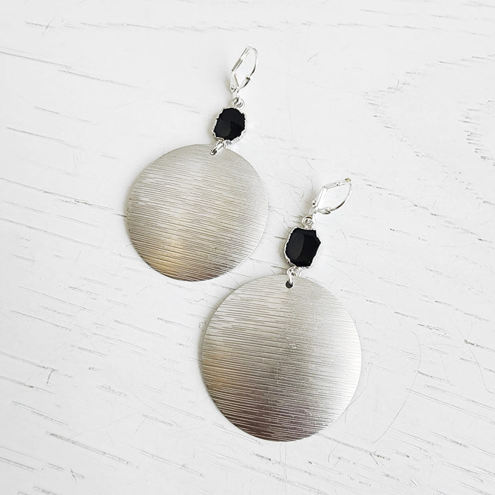 Black Onyx Earrings with Textured Disk in Brushed Silver