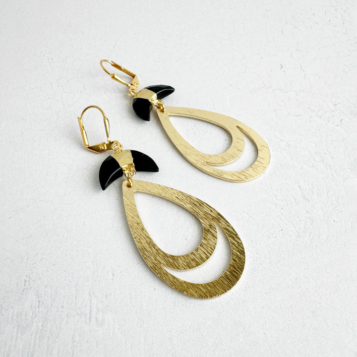 Black Onyx Crescent Teardrop Earrings in Brushed Gold