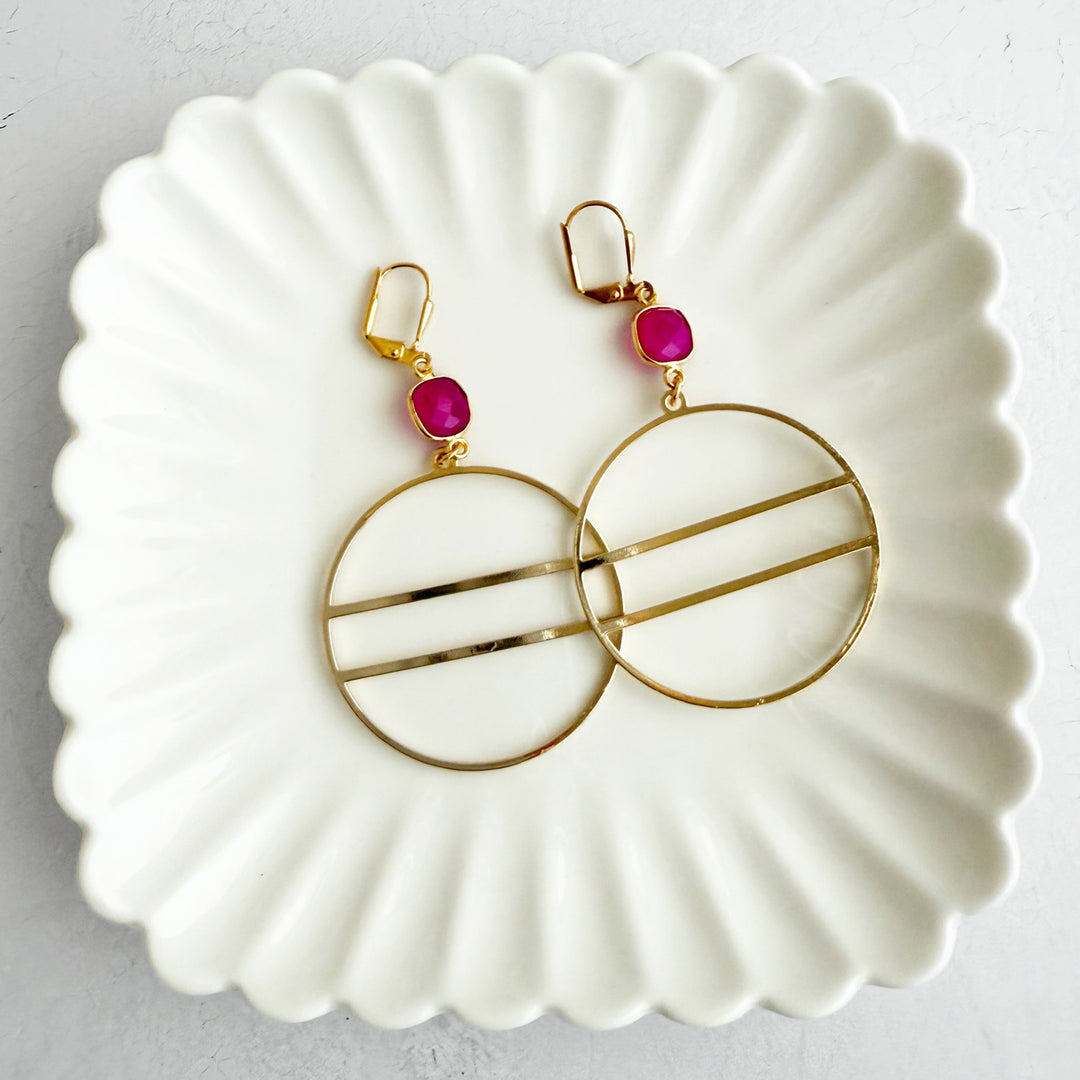 Fuchsia Chalcedony Geometric Hoop Earrings in Gold