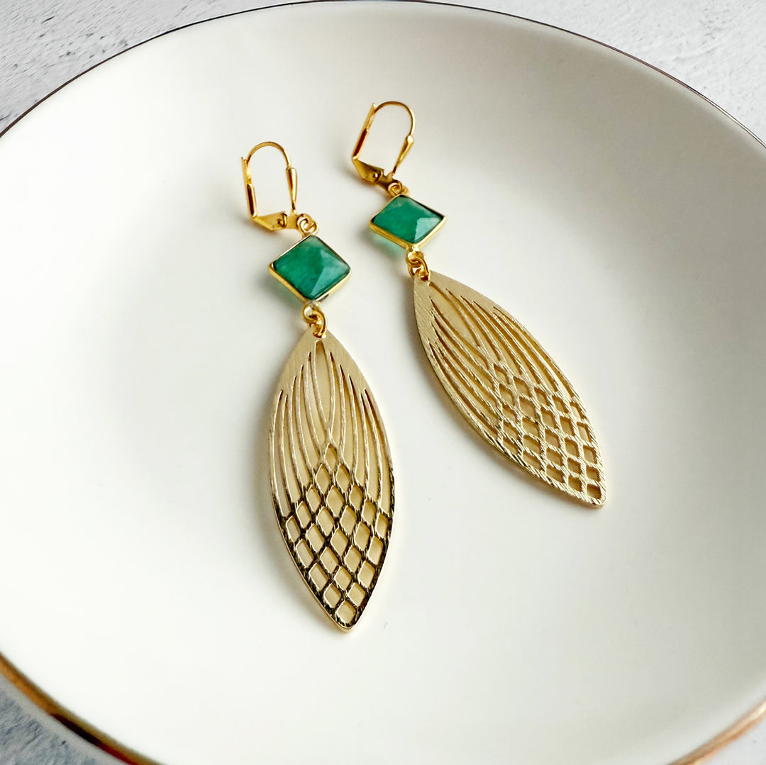 Raw Emerald and Patterned Marquise Earrings in Brushed Gold