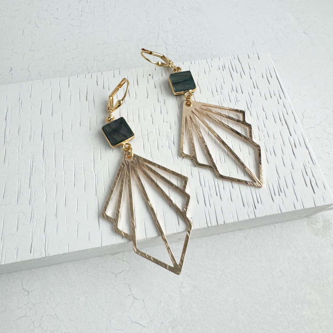 Brushed Fan and Labradorite Gemstone Statement Earrings in Silver and Gold