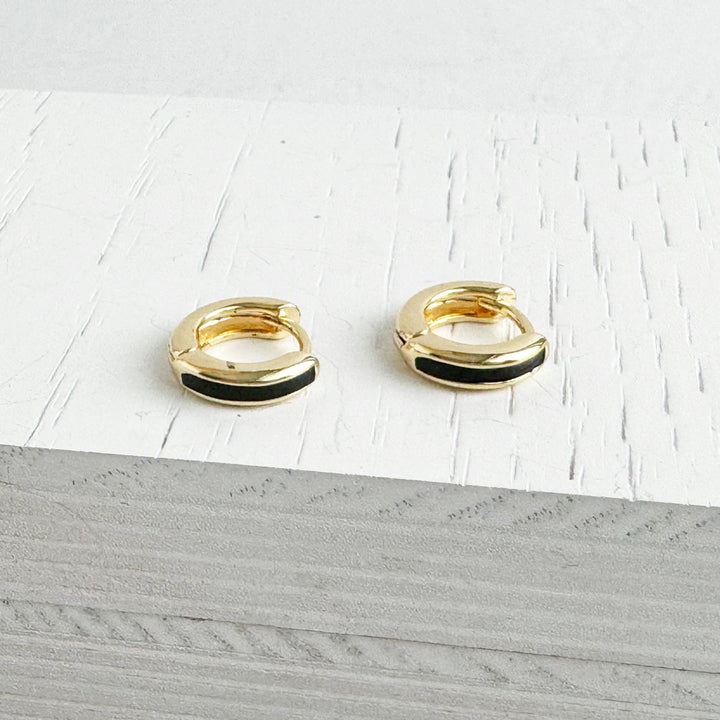 Black Enamel Huggie Earrings in 18k Gold