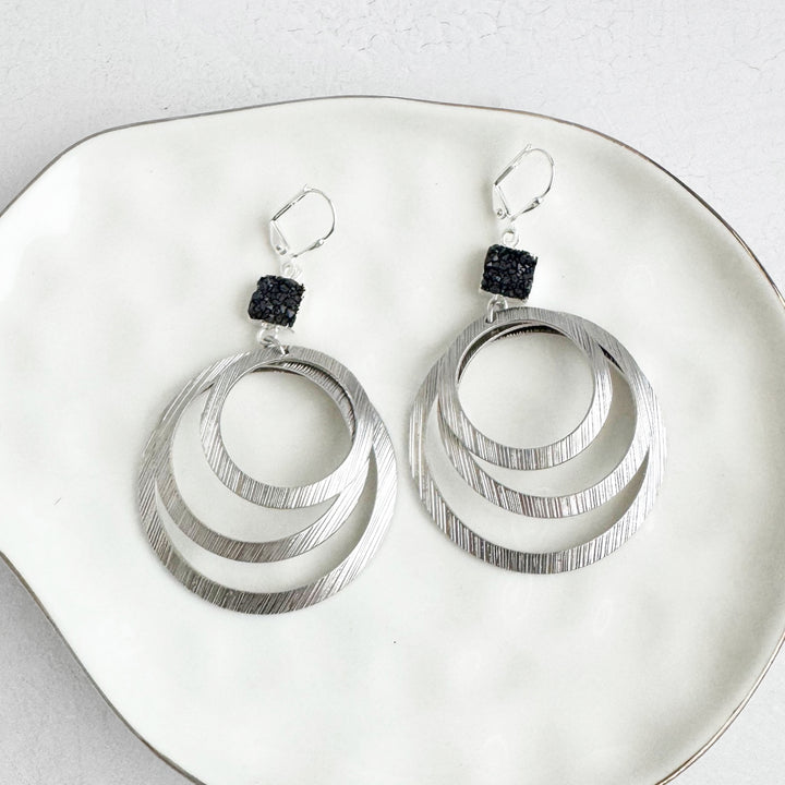 Black Druzy Layered Hoop Earrings in Brushed Silver