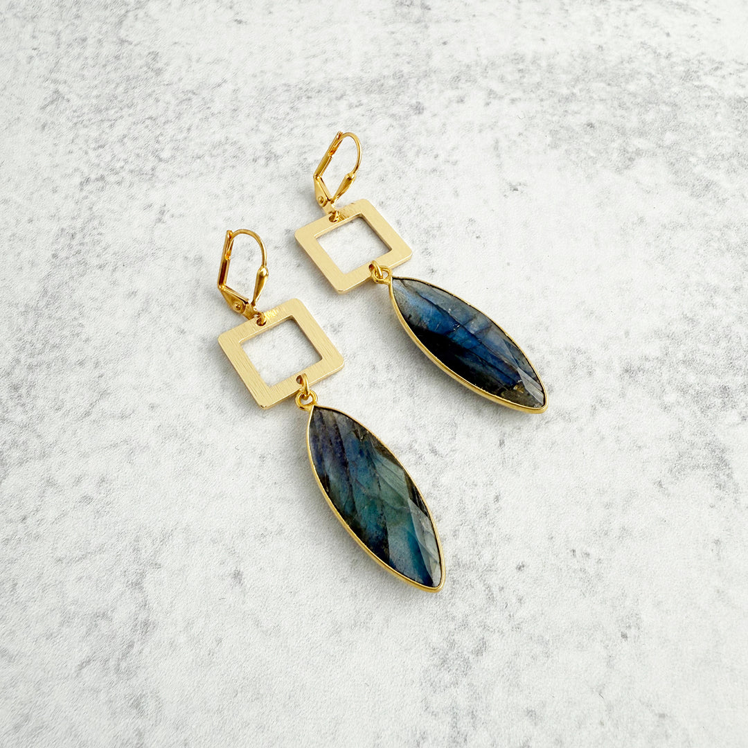 Labradorite Marquise and Square Dangle Earrings in Brushed Gold