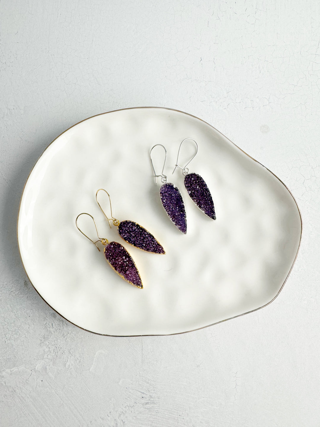 Purple Druzy Teardrop Earrings in Gold & Silver