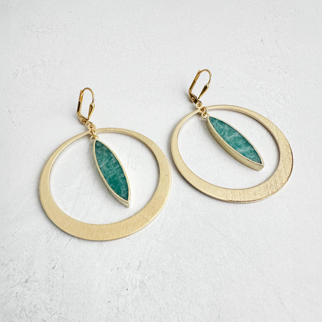 Amazonite Hoop Statement Earrings in Brushed Gold