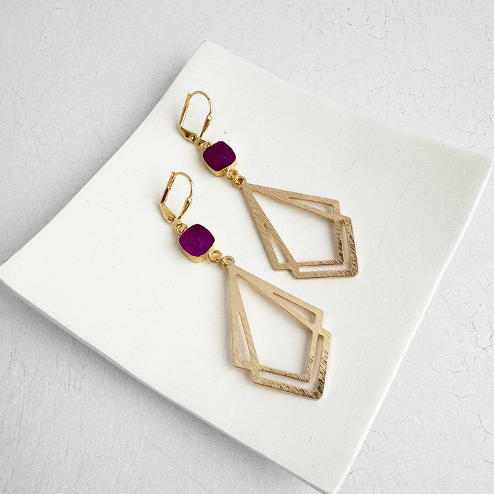 Fuchsia Druzy Double Kite Earrings in Brushed Gold