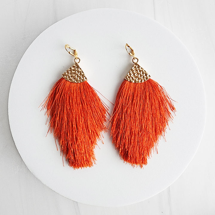 Orange Marquise Tassel Earrings in Brass Gold