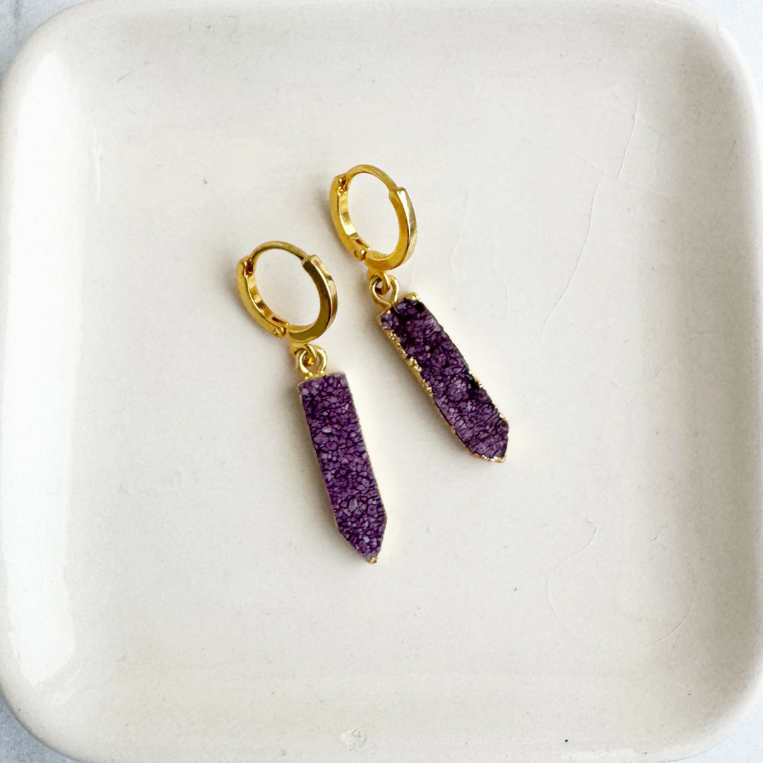 Purple Druzy Point Huggie Earrings in Gold