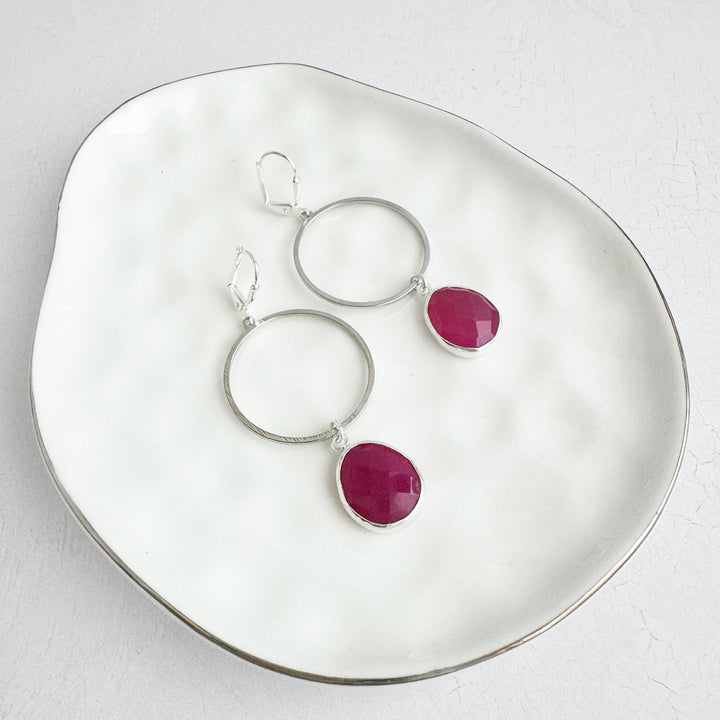 Fuchsia Chalcedony Hoop Dangle Earrings in Brushed Gold and Silver