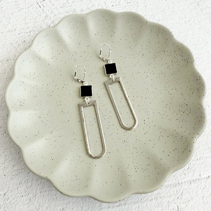 Black Onyx Horseshoe Dangle Earrings in Brushed Silver