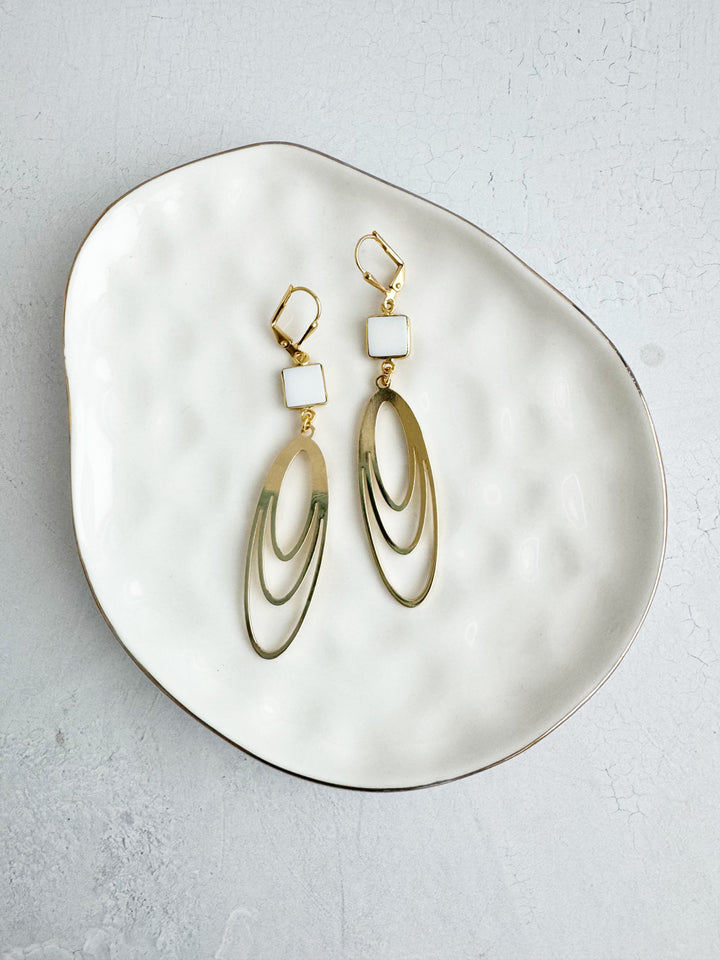 Long Layered Oval Earrings with White Agate Stones in Silver or Gold