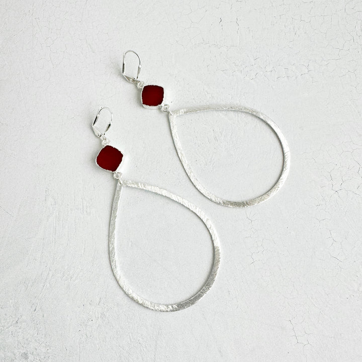 Large Carnelian Teardrop Earrings in Brushed Silver