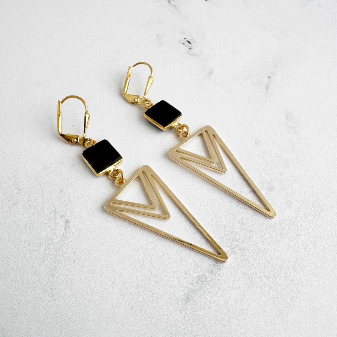 Black Onyx and Layered Triangle Statement Earrings in Gold